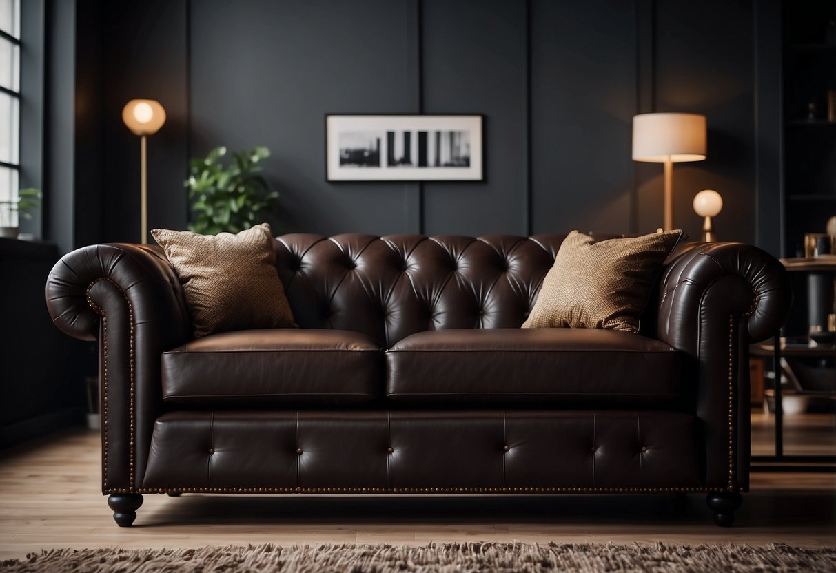 A sleek espresso leather sofa sits in a dimly lit room, surrounded by dark furniture, creating a cozy and sophisticated home decor vibe