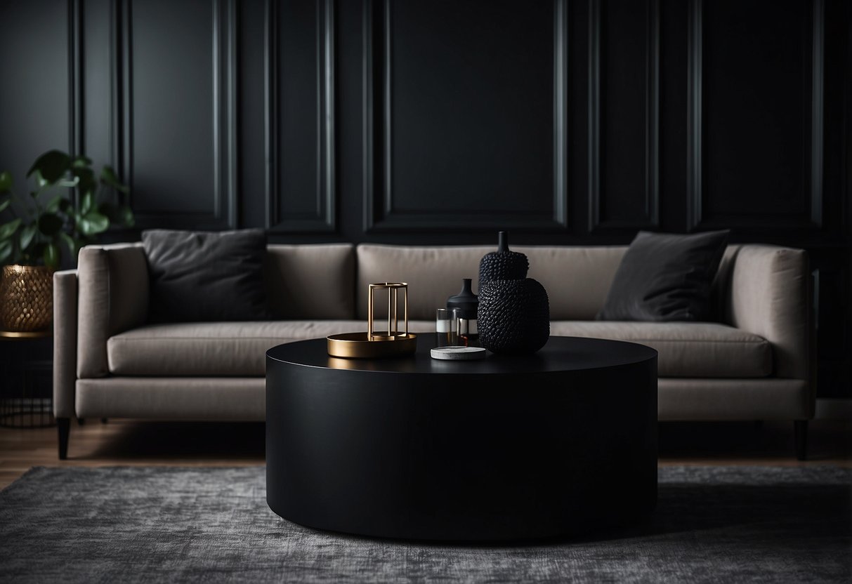 A matte black coffee table sits in a dimly lit room surrounded by dark furniture, creating a moody and sophisticated home decor setting