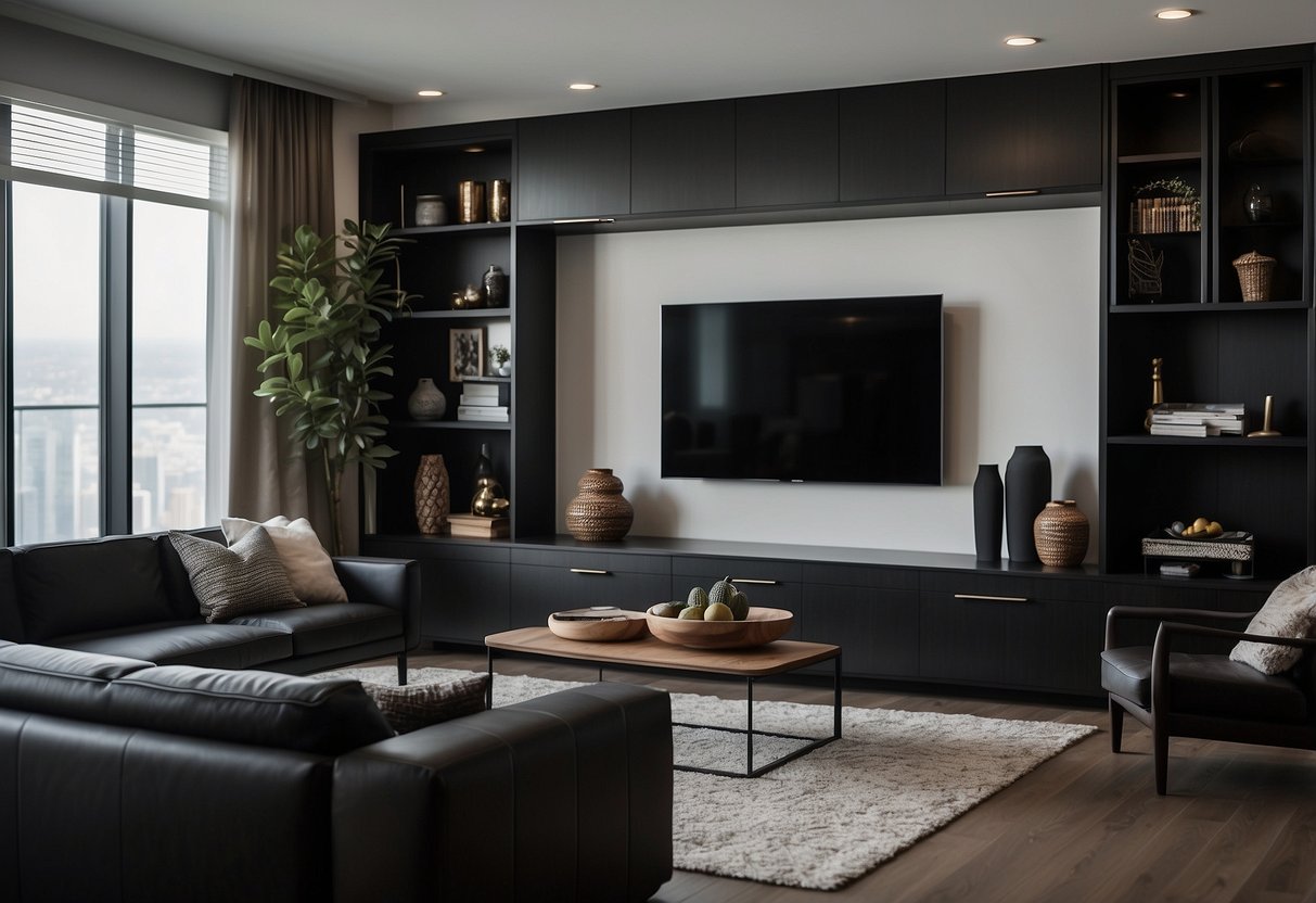 A sleek ebony entertainment center sits in a modern living room, surrounded by dark furniture and minimalist home decor