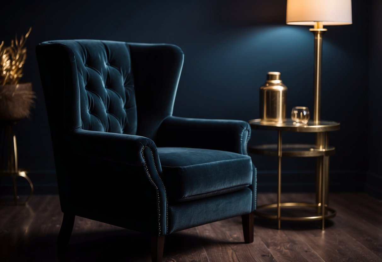 A luxurious Onyx Velvet Accent Chair sits in a dimly lit room, surrounded by dark furniture, inspiring home decor ideas