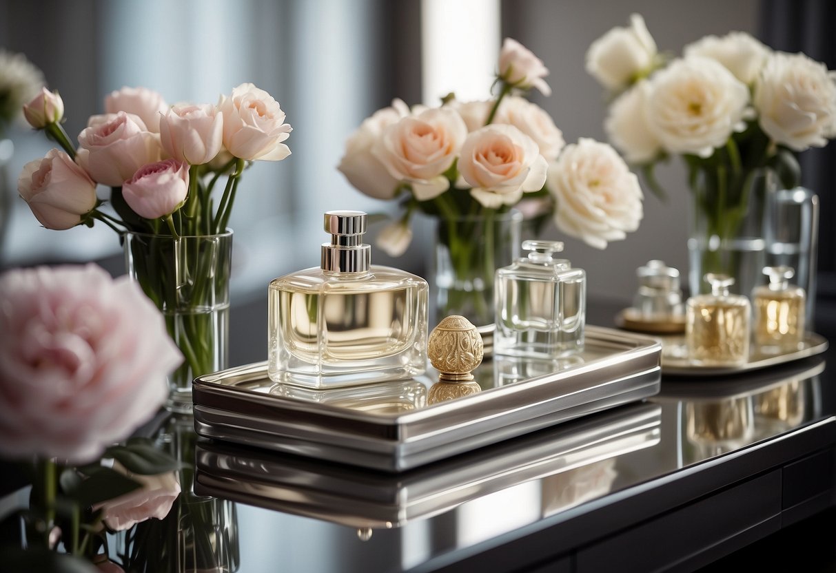 A dressing table adorned with a sleek mirrored tray, a vase of fresh flowers, and a collection of elegant perfume bottles