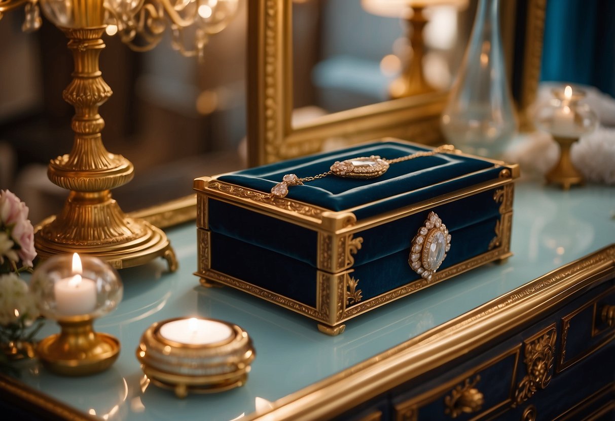 A velvet jewelry box sits atop a ornate dressing table, surrounded by luxurious home decor items