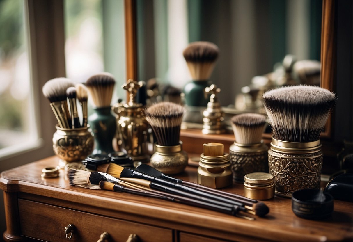 A vintage brush set arranged on a dressing table, surrounded by antique home decor items