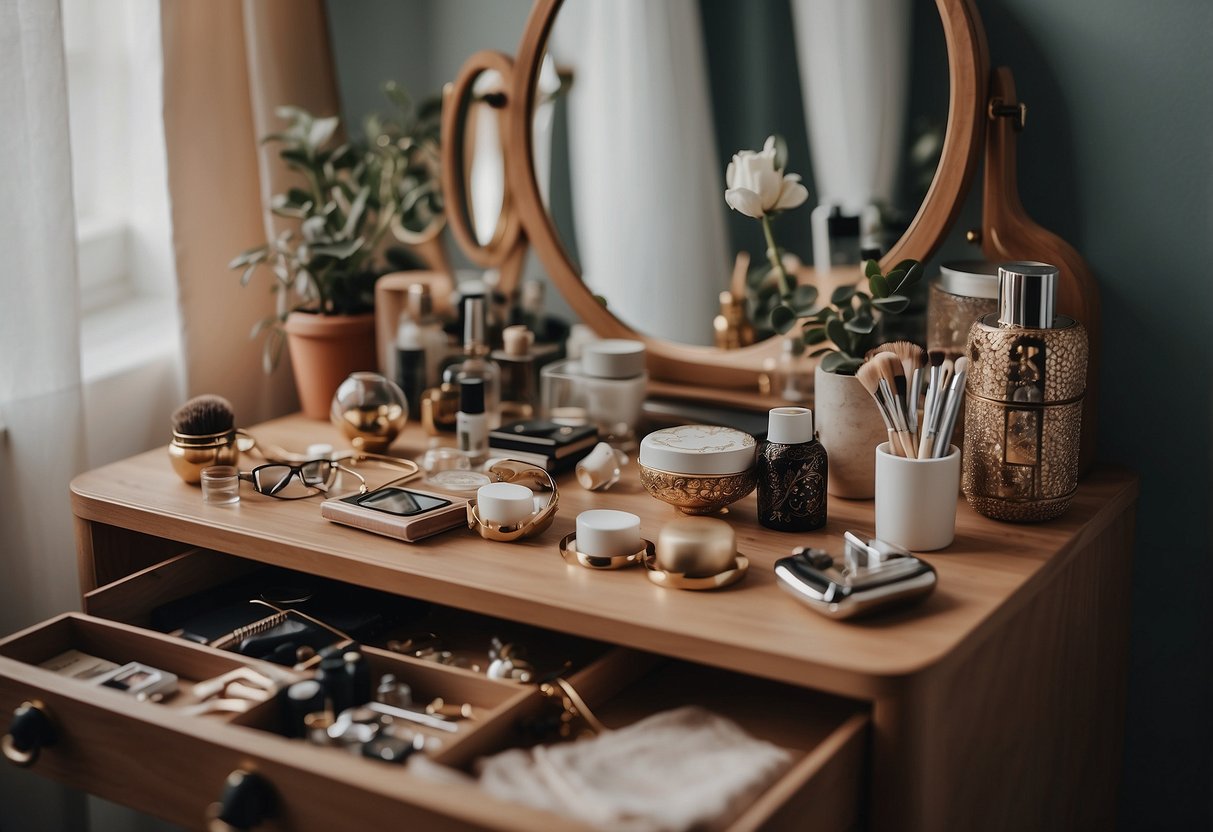 A cluttered dressing table with boho chic decor and organizers