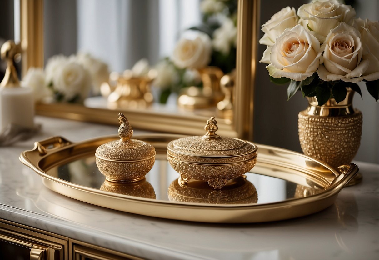 A gold-tone tray sits on a dressing table, adorned with elegant decor pieces. The table is set against a backdrop of luxurious home decor