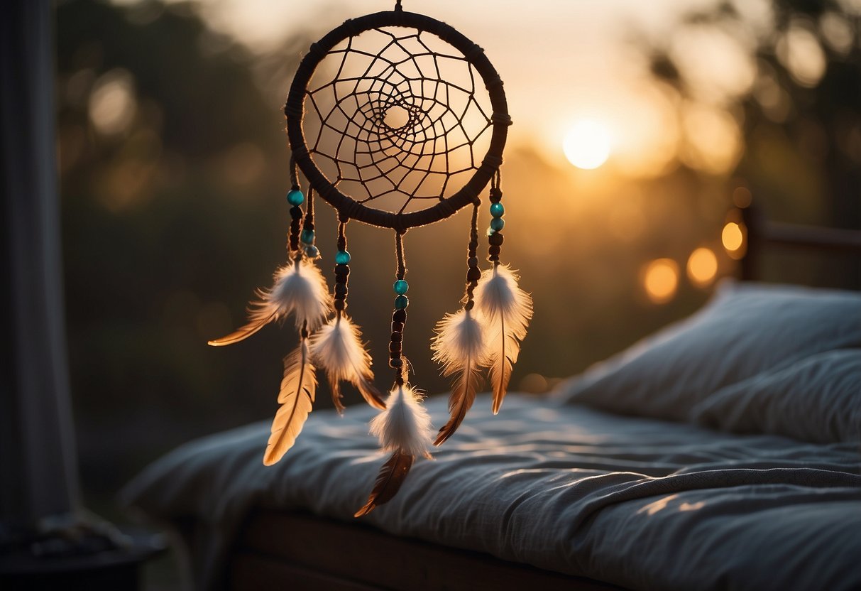 A dream catcher hangs above a cozy bed, adorned with feathers and beads. Soft lighting and earthy tones create a tranquil atmosphere