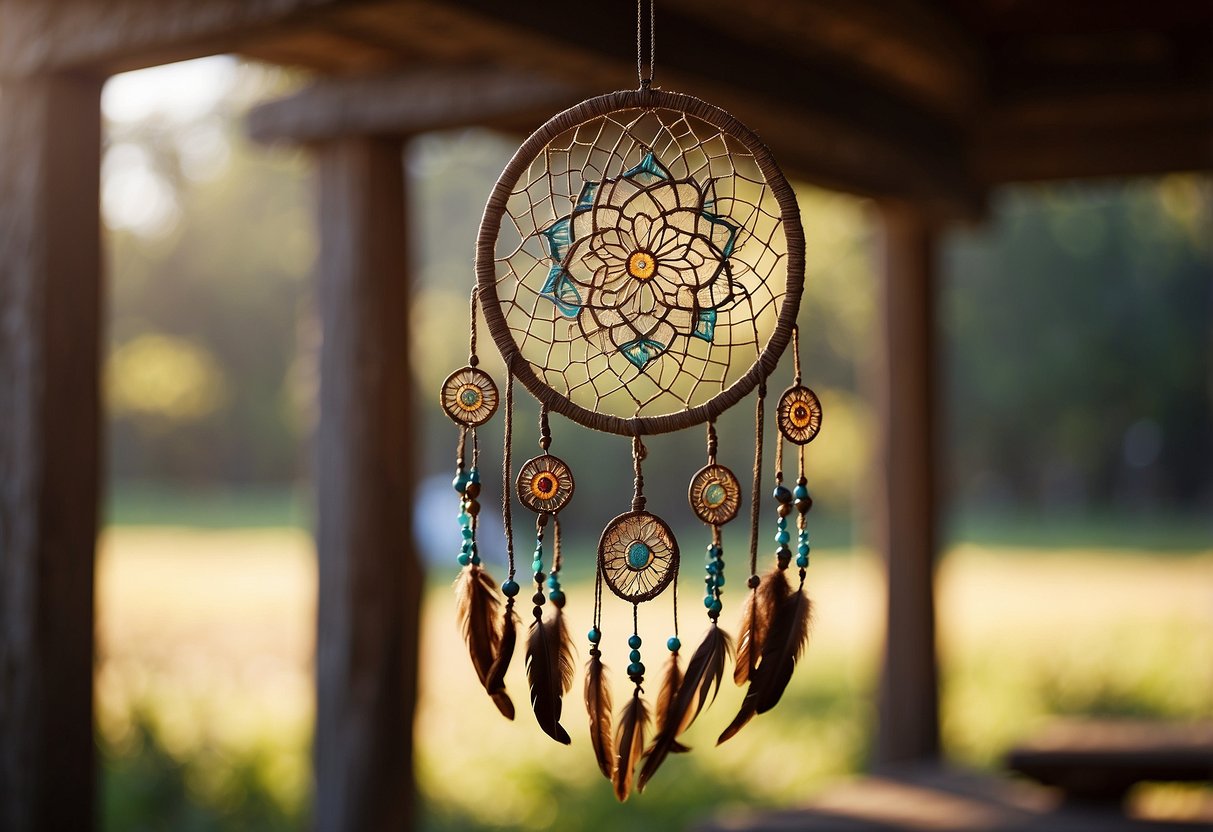 A colorful mandala dream catcher hangs from a wooden beam, catching the sunlight as it sways gently in the breeze