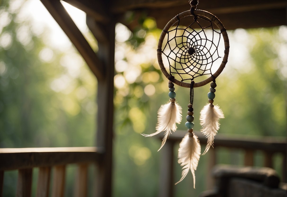 A handcrafted floral dream catcher hangs from a rustic wooden beam, gently swaying in the breeze, surrounded by soft, natural lighting