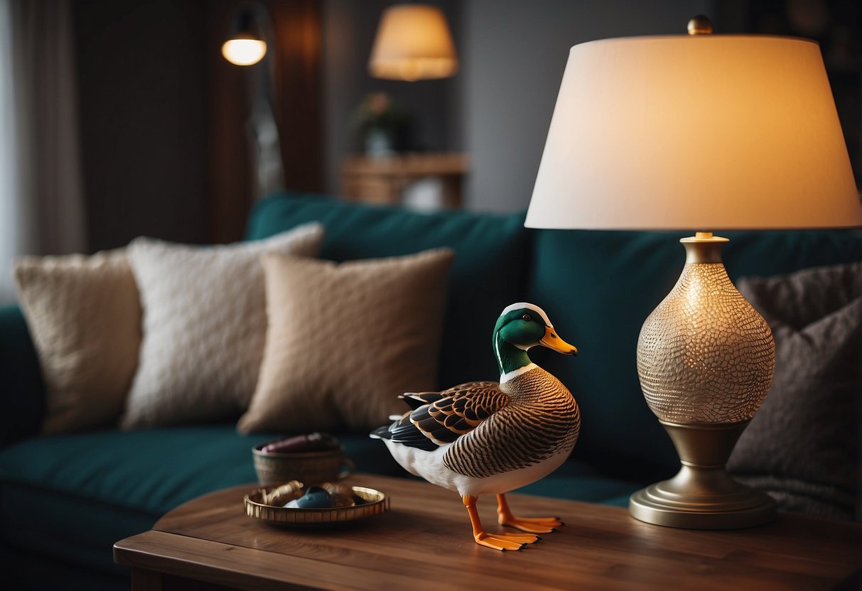 A cozy living room with mallard duck throw pillows, wall art, and a decorative duck-themed lamp