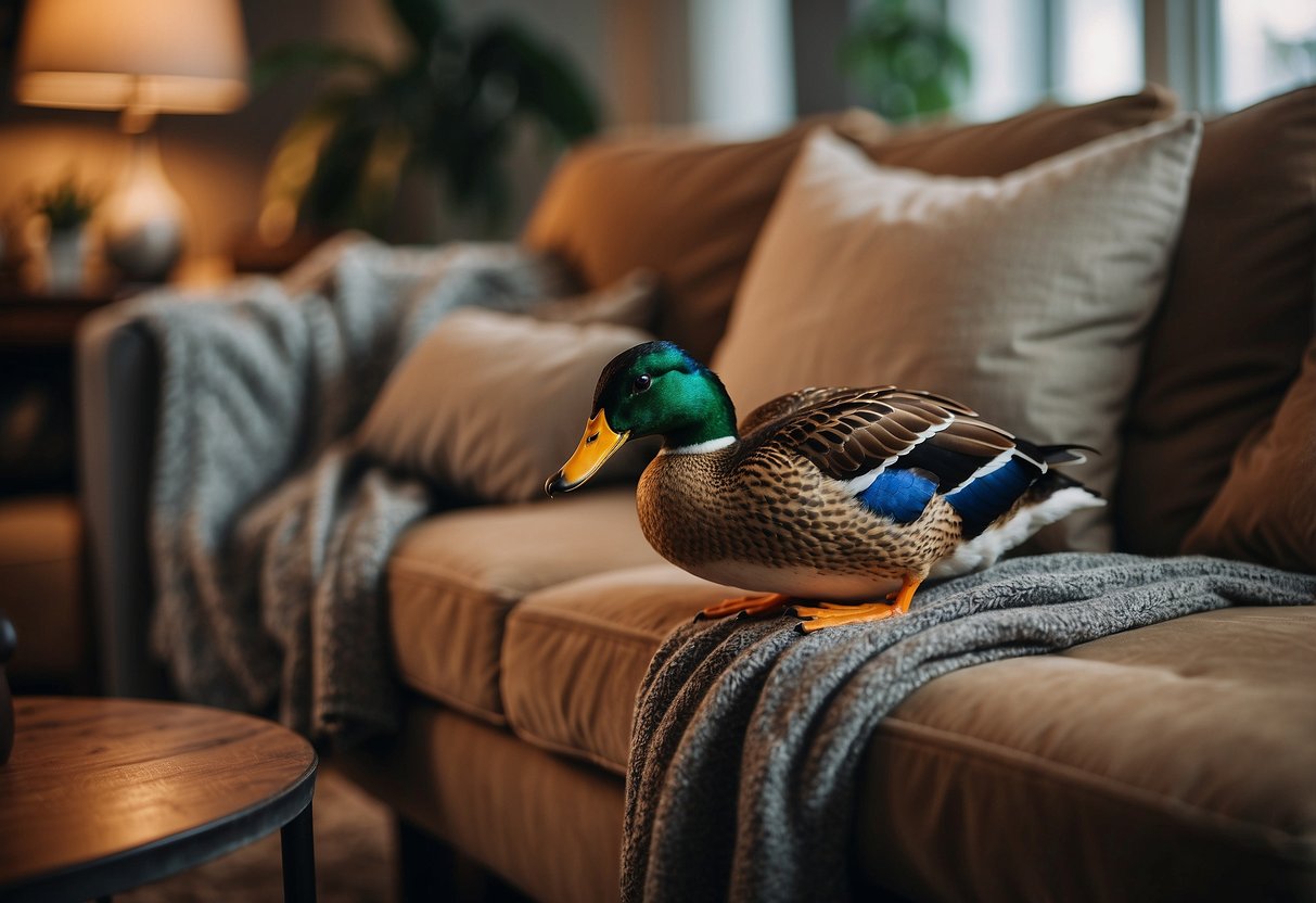 A cozy living room with a plush mallard duck throw pillow on a comfortable sofa, surrounded by other mallard duck-themed home decor items