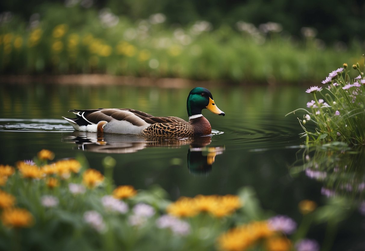 A serene pond with a pair of mallard ducks gliding across the water, surrounded by lush greenery and vibrant wildflowers