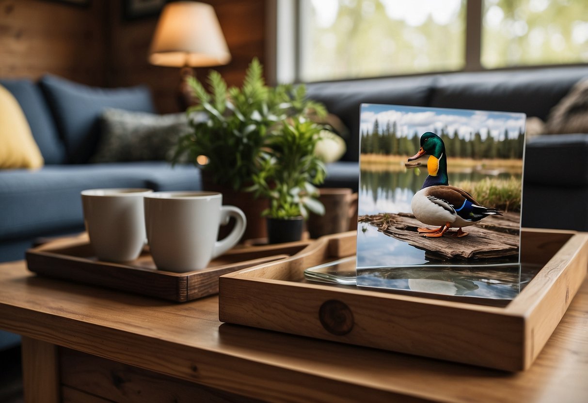 A cozy living room with duck-themed coasters on a wooden coffee table, surrounded by rustic home decor featuring mallard duck motifs