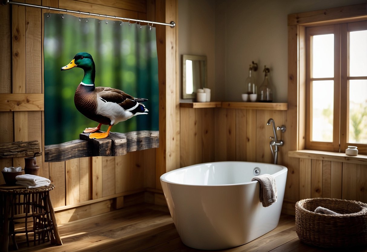 A vibrant mallard duck shower curtain hangs in a rustic bathroom with wood accents, surrounded by matching duck-themed home decor