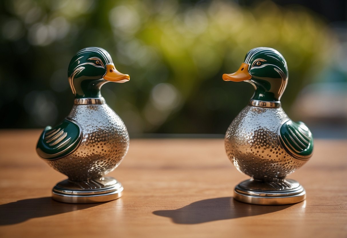 Two mallard duck salt and pepper shakers on a wooden dining table