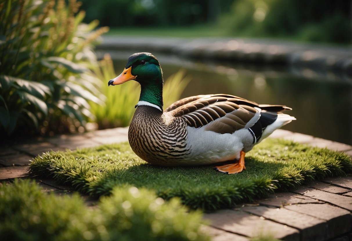 A Mallard duck welcome mat lies at the entrance of a cozy home, surrounded by greenery and a small pond