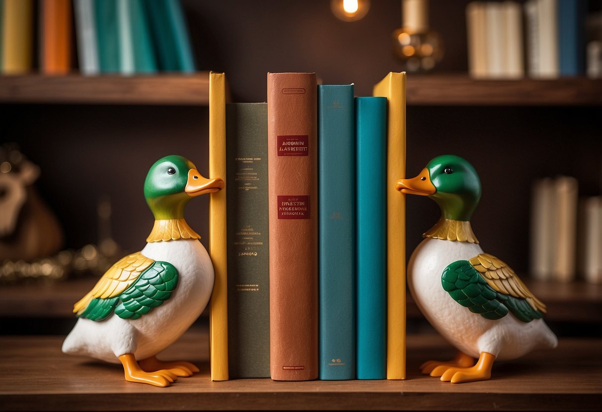 Two duck-shaped bookends hold up a row of colorful books on a wooden shelf, surrounded by duck-themed home decor items