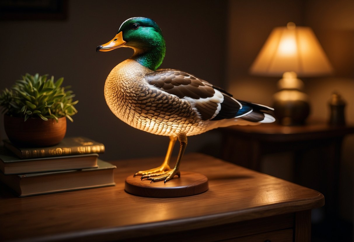 A Mallard Duck Table Lamp sits on a wooden side table, casting a warm glow in a cozy living room