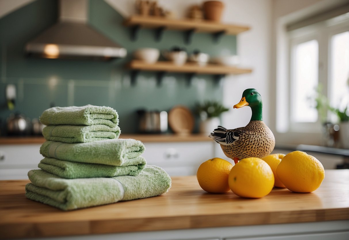 A kitchen counter with duck-print towels, surrounded by duck-themed decor