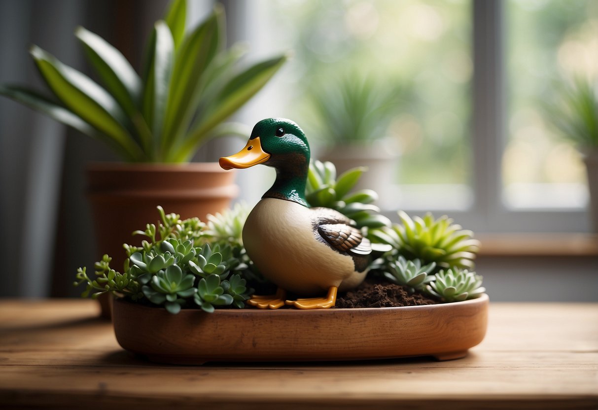 A ceramic mallard duck planter sits on a rustic wooden shelf, surrounded by green potted plants and a cozy home interior