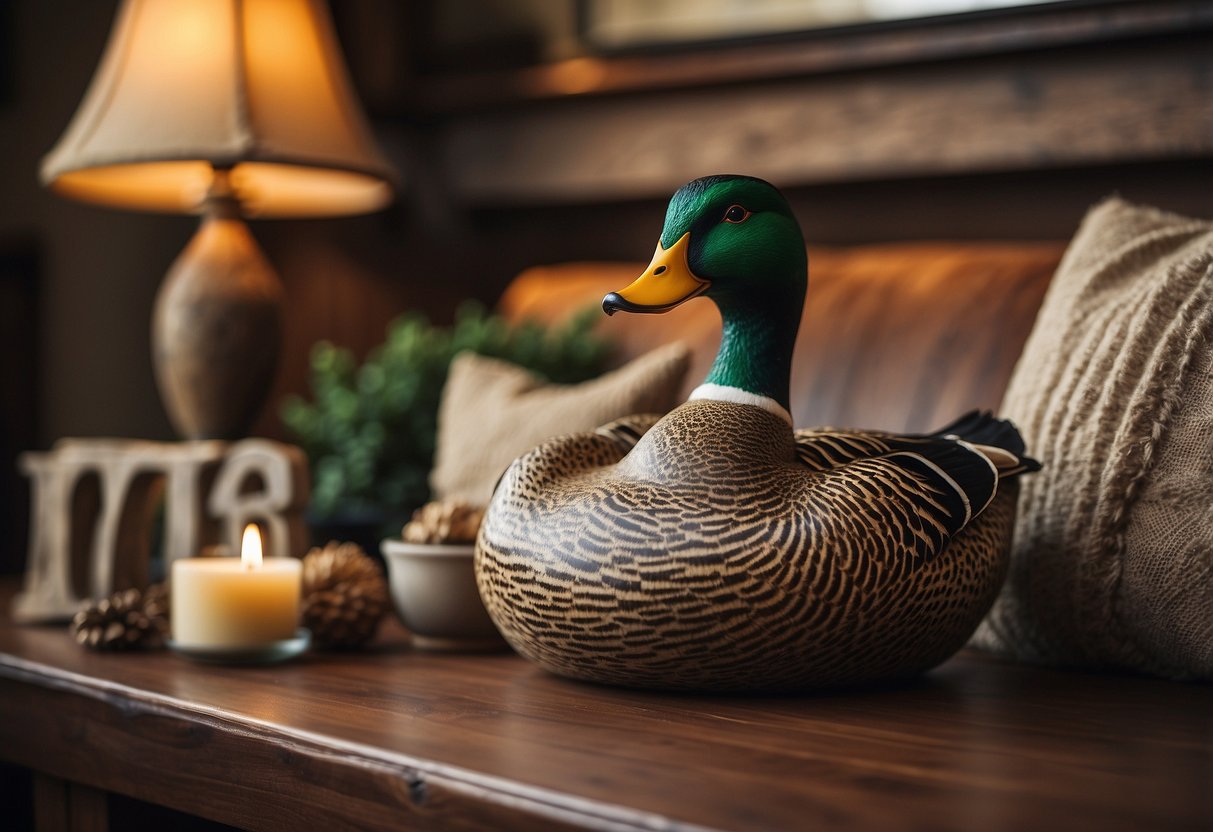 A cozy living room with mallard duck-themed throw pillows, a vintage duck decoy on the mantel, and a rustic wooden sign with "Welcome" written in duck-themed font