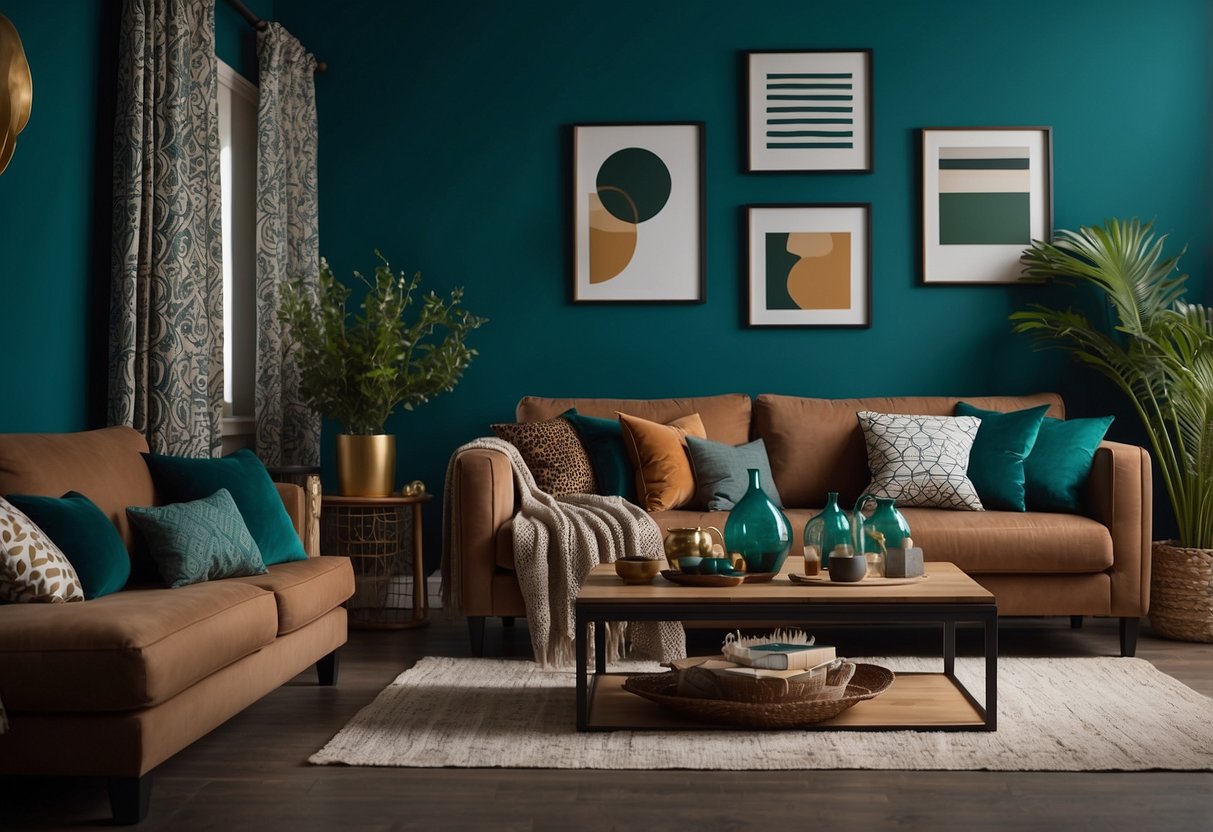 A cozy living room with mallard green walls, accented with earthy brown and vibrant teal. Geometric patterns in the form of throw pillows and curtains add a modern touch to the space