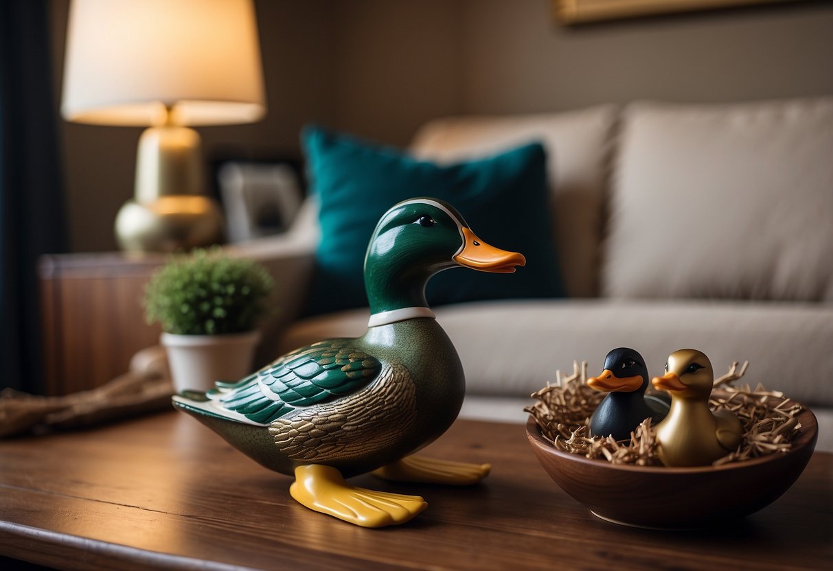 A cozy living room with mallard duck-themed throw pillows, wall art, and a decorative wooden duck sculpture on a side table