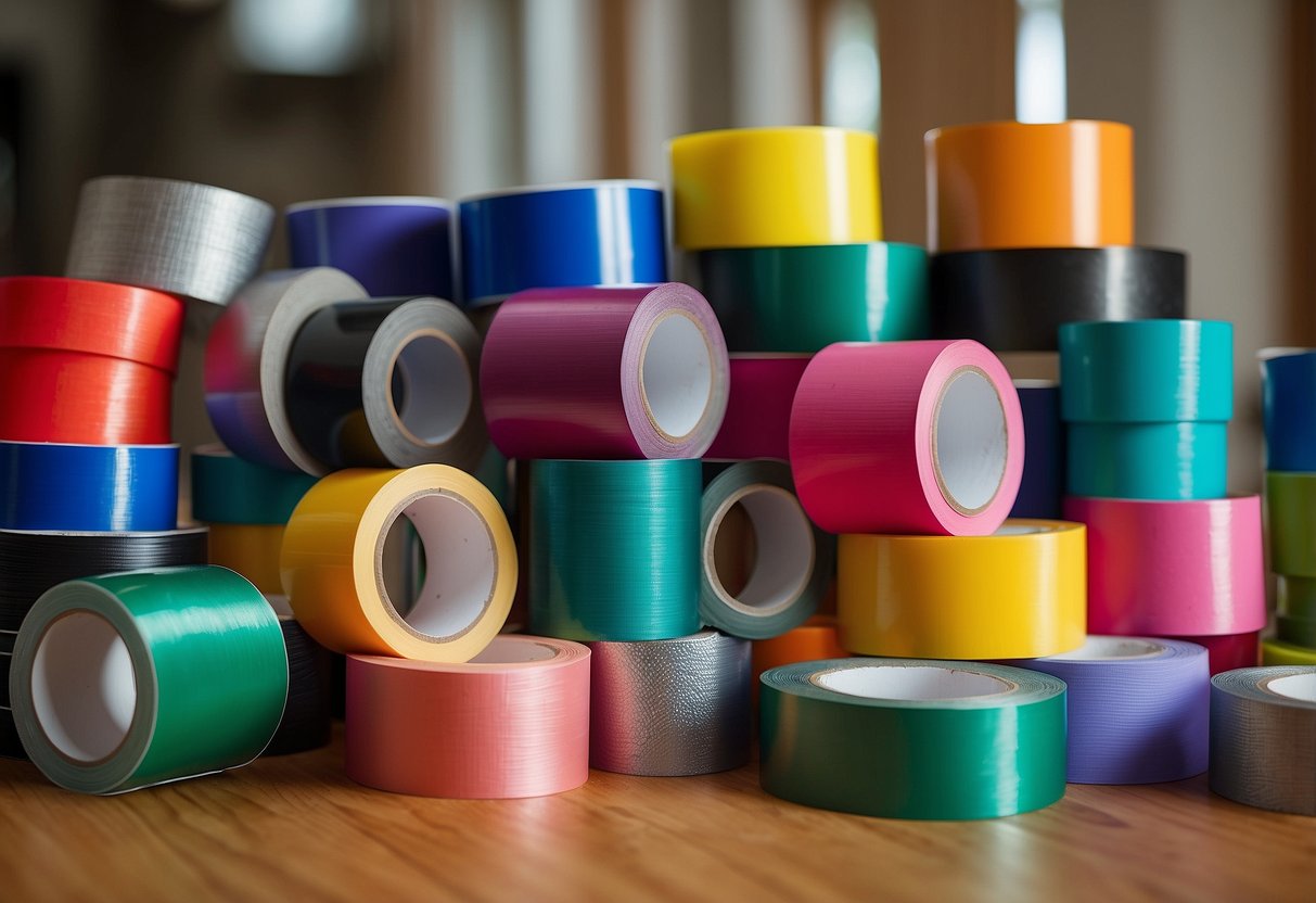 A colorful array of duct tape rolls, scissors, and various household items like vases, frames, and containers, arranged on a table for DIY home decor projects