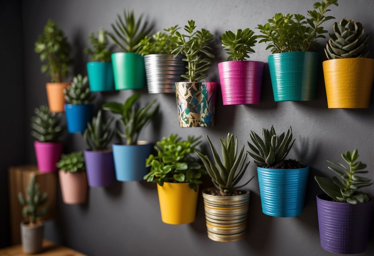 Several planters made from duct tape in various colors and patterns, arranged on a table or hanging from a wall