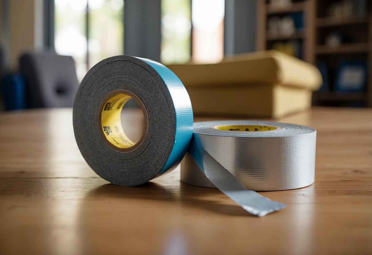 A roll of duct tape lies next to a pile of home decor items, ready for DIY projects