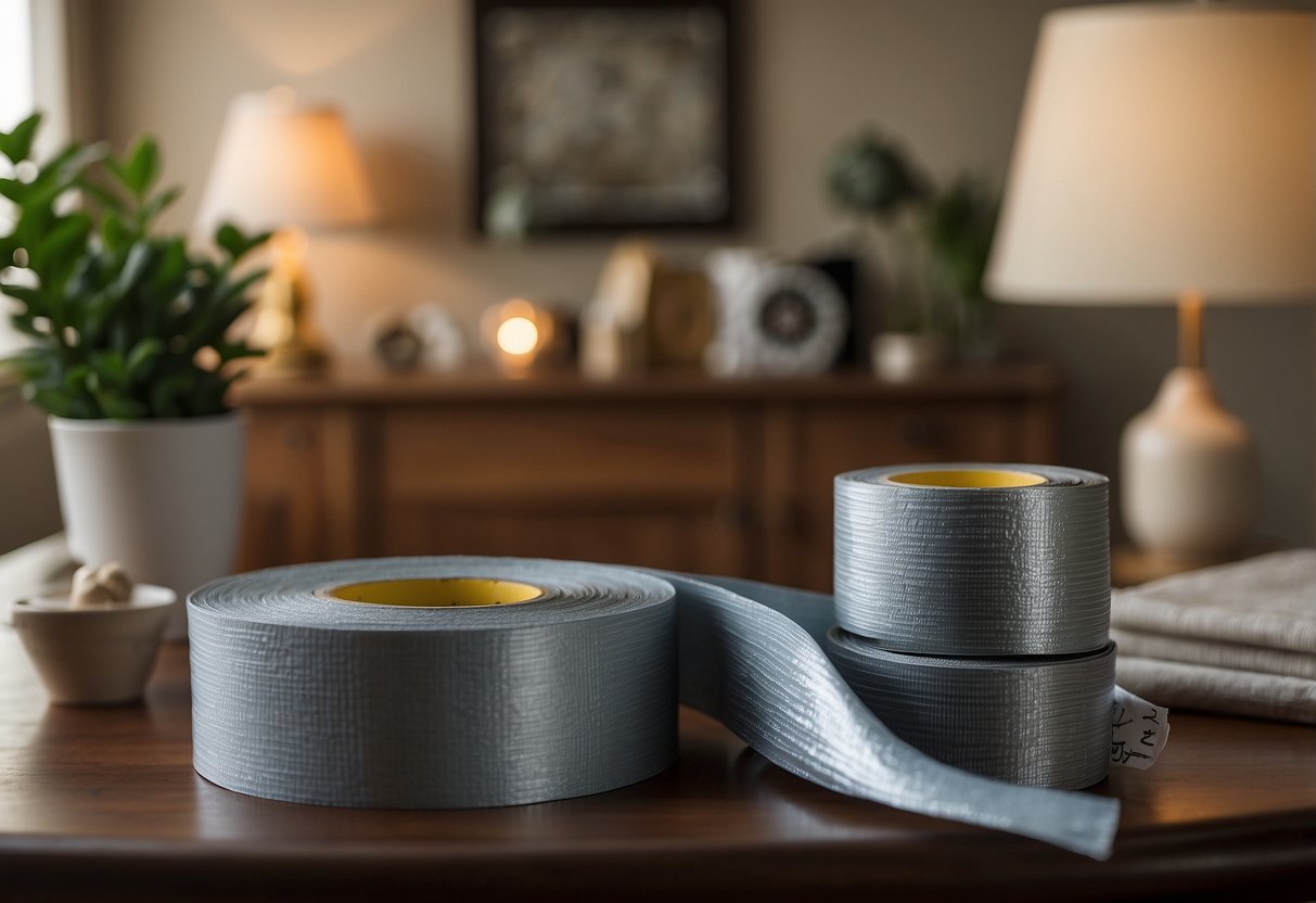 A roll of duct tape sits on a table surrounded by various home decor items. A sign with "Essential Safety Tips" hangs on the wall