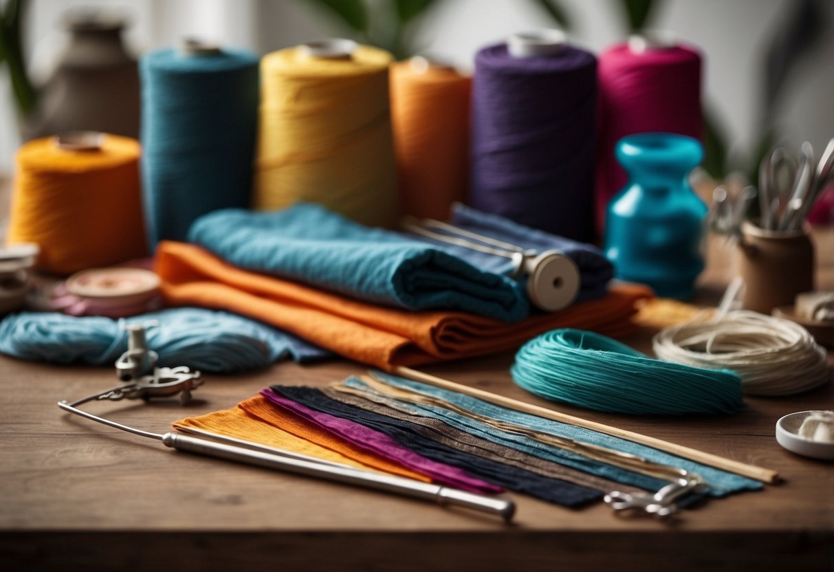 A table with various dyeing materials and tools, surrounded by colorful fabric swatches and finished home decor items