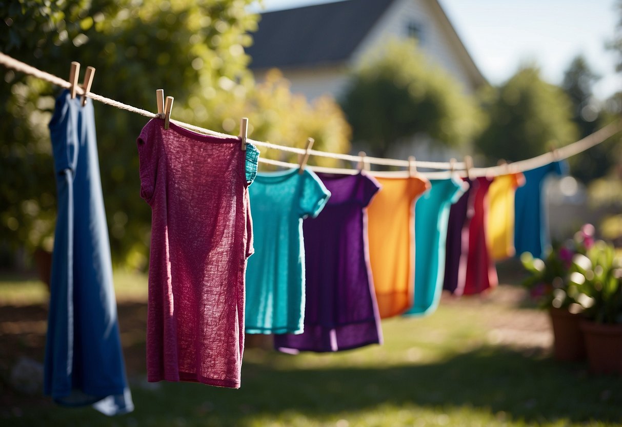 Colorful dyed home decor items being carefully washed and dried on a sunny outdoor clothesline