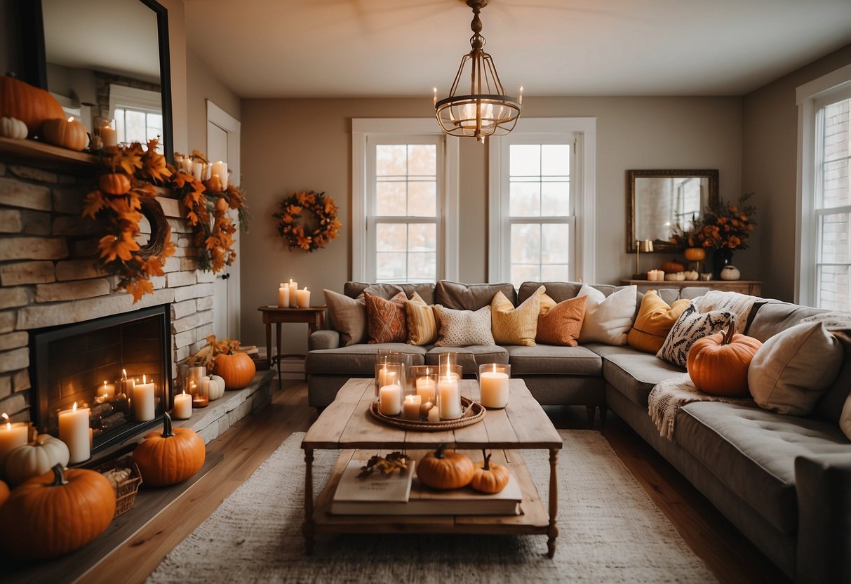 A cozy living room with pumpkins, candles, and autumn leaves scattered on the mantel and coffee table. A handmade wreath hangs on the front door