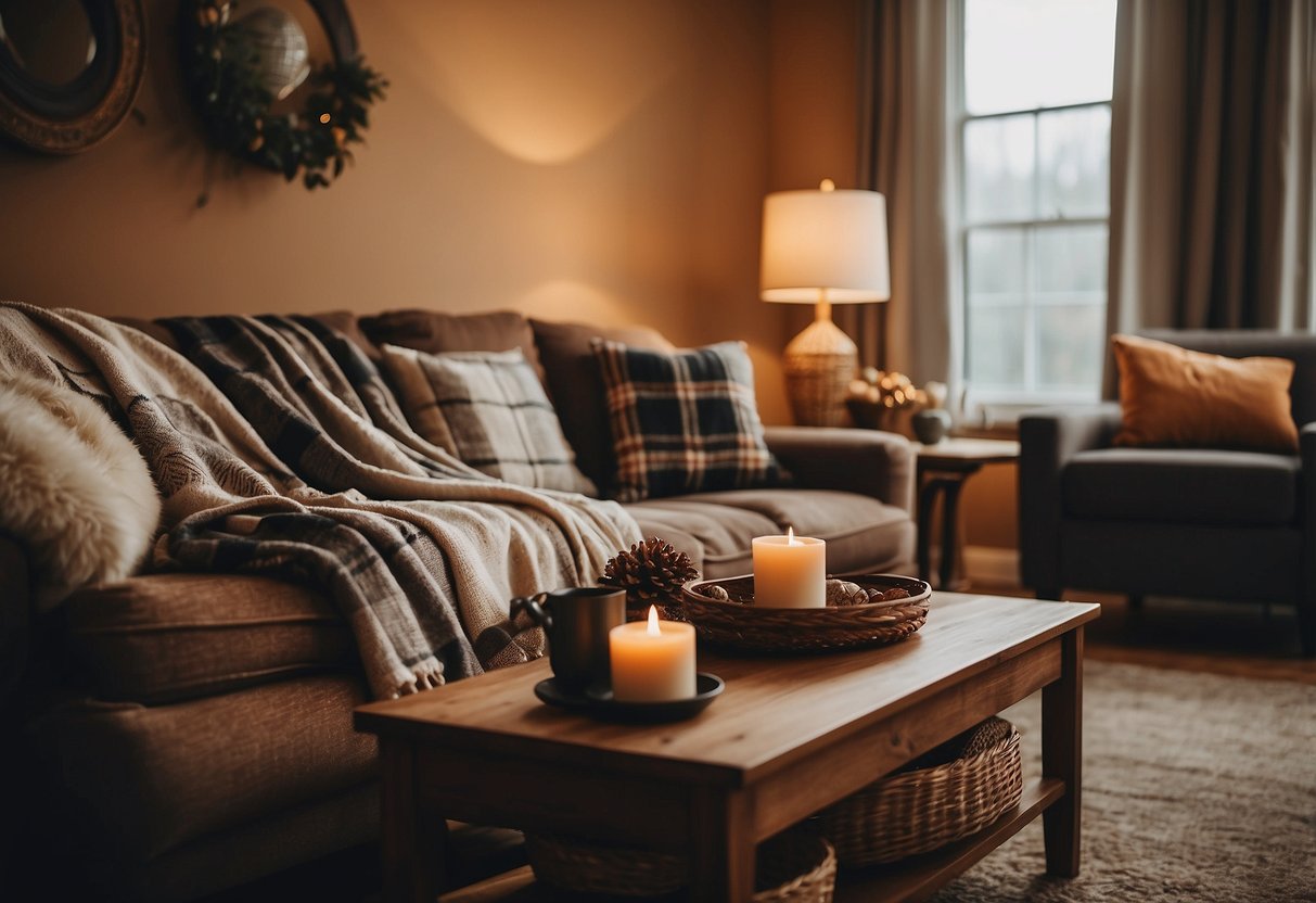 A cozy living room with plaid throw blankets draped over a couch and armchairs, adding warmth and style to the fall decor