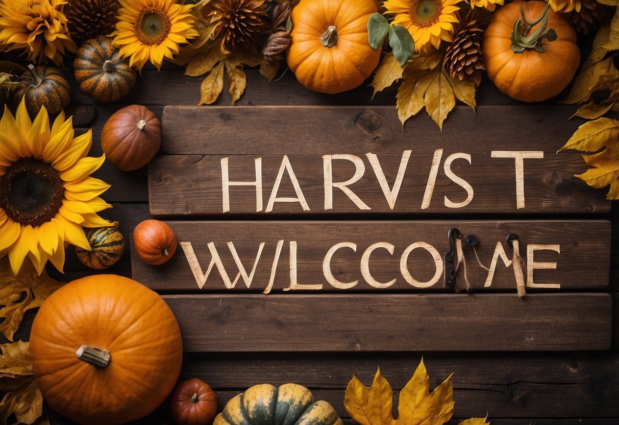 A rustic wooden sign with "Harvest Welcome" surrounded by autumn leaves, pumpkins, and sunflowers, creating a warm and inviting fall decor for the home