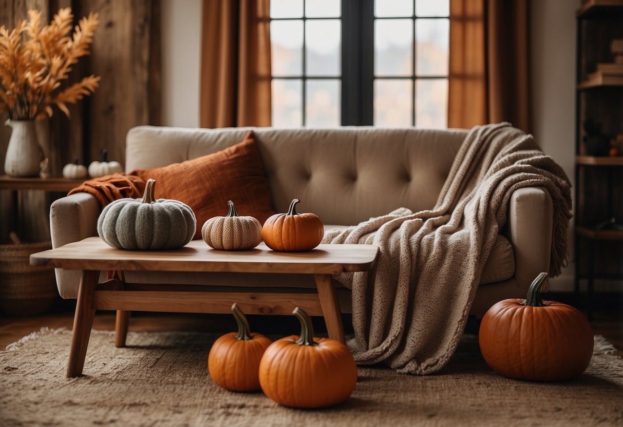 A cozy living room with warm earthy tones, a rustic wooden table adorned with pumpkins and fall foliage, and a soft throw blanket draped over a comfy armchair