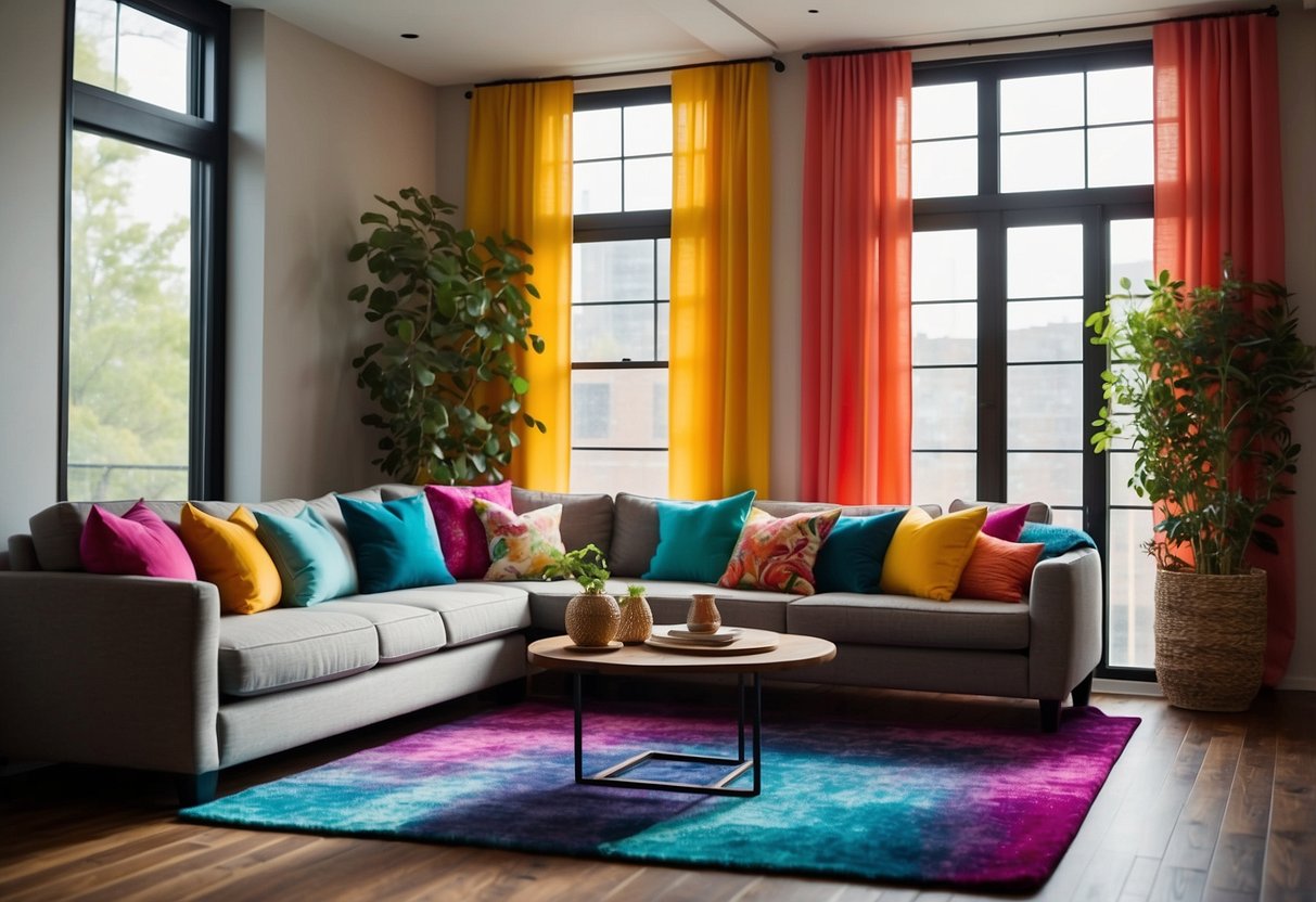 A cozy living room with colorful throw pillows, a vibrant area rug, and a statement wall art piece. Richly dyed curtains frame the windows, adding a pop of color to the space