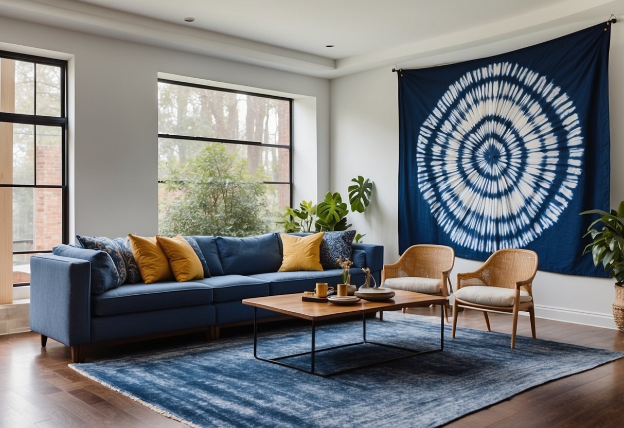 A large shibori wall hanging in a modern living room, with vibrant indigo dye patterns creating a striking focal point