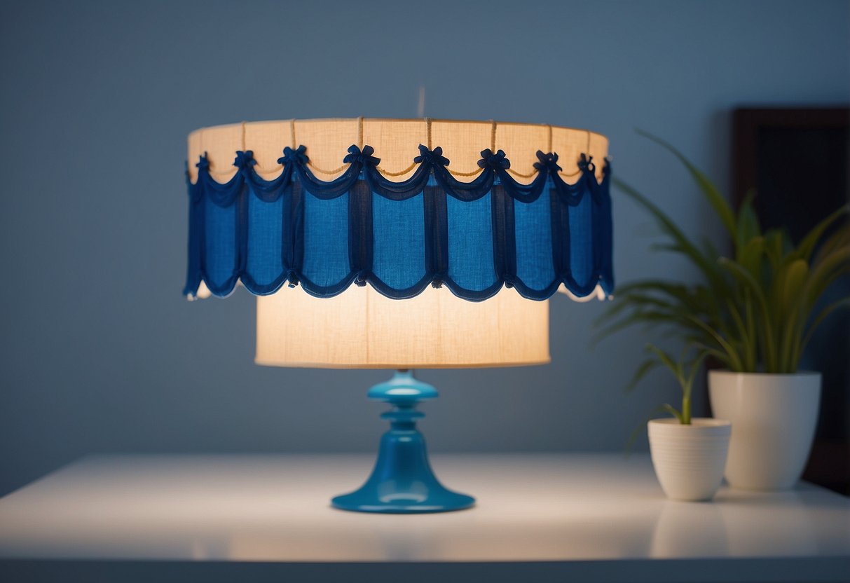 A white lampshade is being dipped into a vat of blue dye, creating a gradient effect. The dyed lampshade is then hung to dry, ready for use in a stylish living room