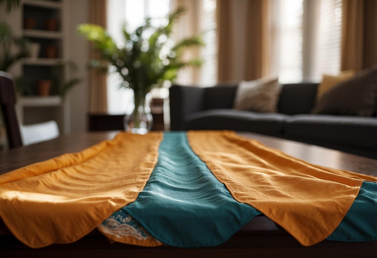 A sunburst dyed tablecloth adorns a living room table, adding a pop of color and a touch of home decor elegance