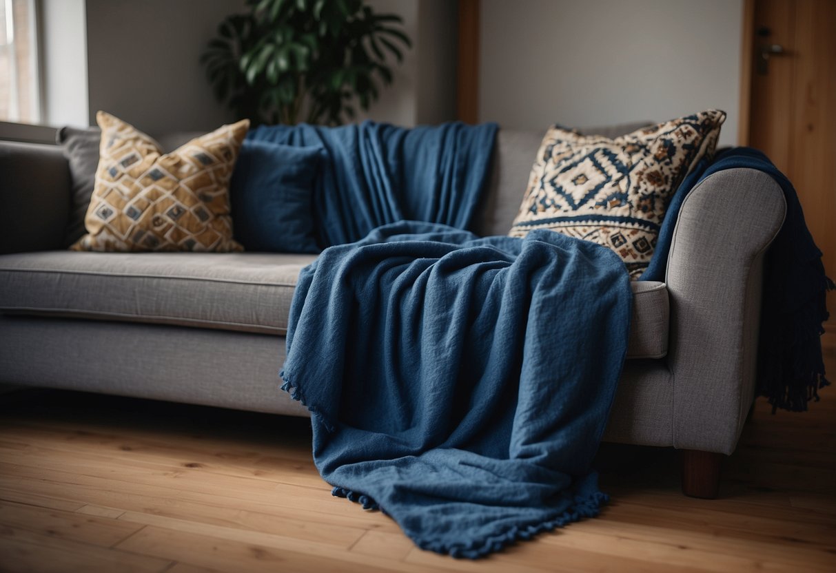 Indigo-dyed blankets draped over a cozy living room sofa, adding a touch of bohemian elegance to the home decor