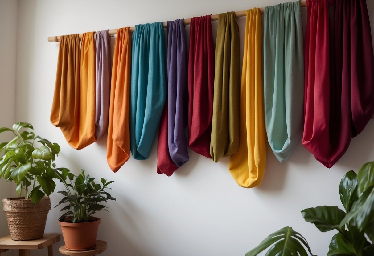 Vibrant colored fabric draped on a wooden dowel, hanging on a white wall with potted plants below