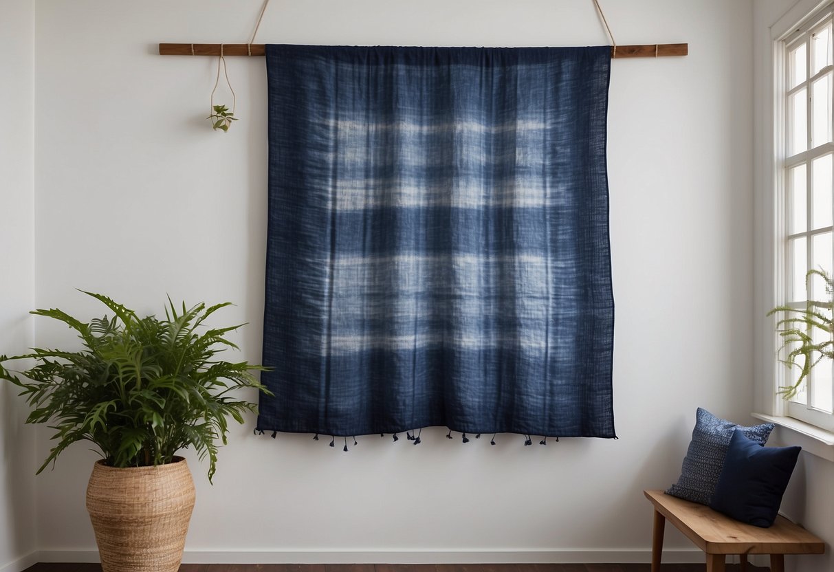 A Shibori Wall Hanging in indigo dye, suspended from a wooden dowel against a white wall, casting soft shadows