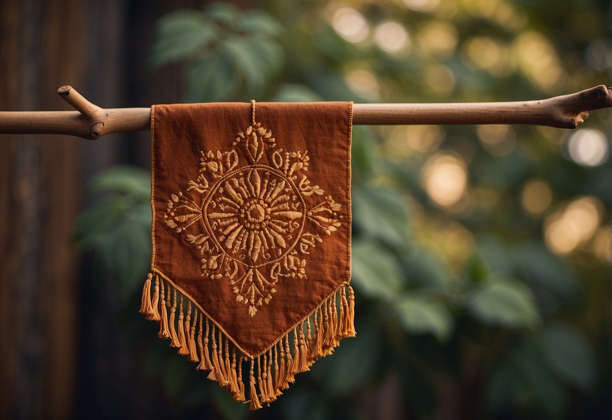 A piece of rust-dyed cotton hanging from a wooden dowel, with rich earthy tones and intricate patterns, serving as unique home decor for wall hangings