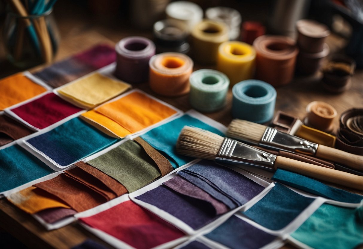 A table with various dyes, fabric swatches, and paintbrushes laid out for creating wall hangings