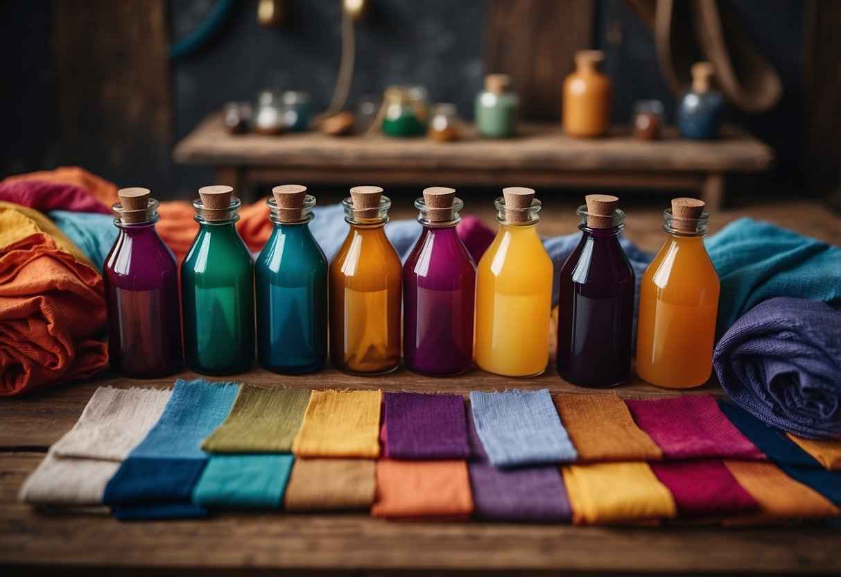 Vibrant dye bottles arranged on a wooden table with various fabric swatches and wall hanging designs pinned to a mood board