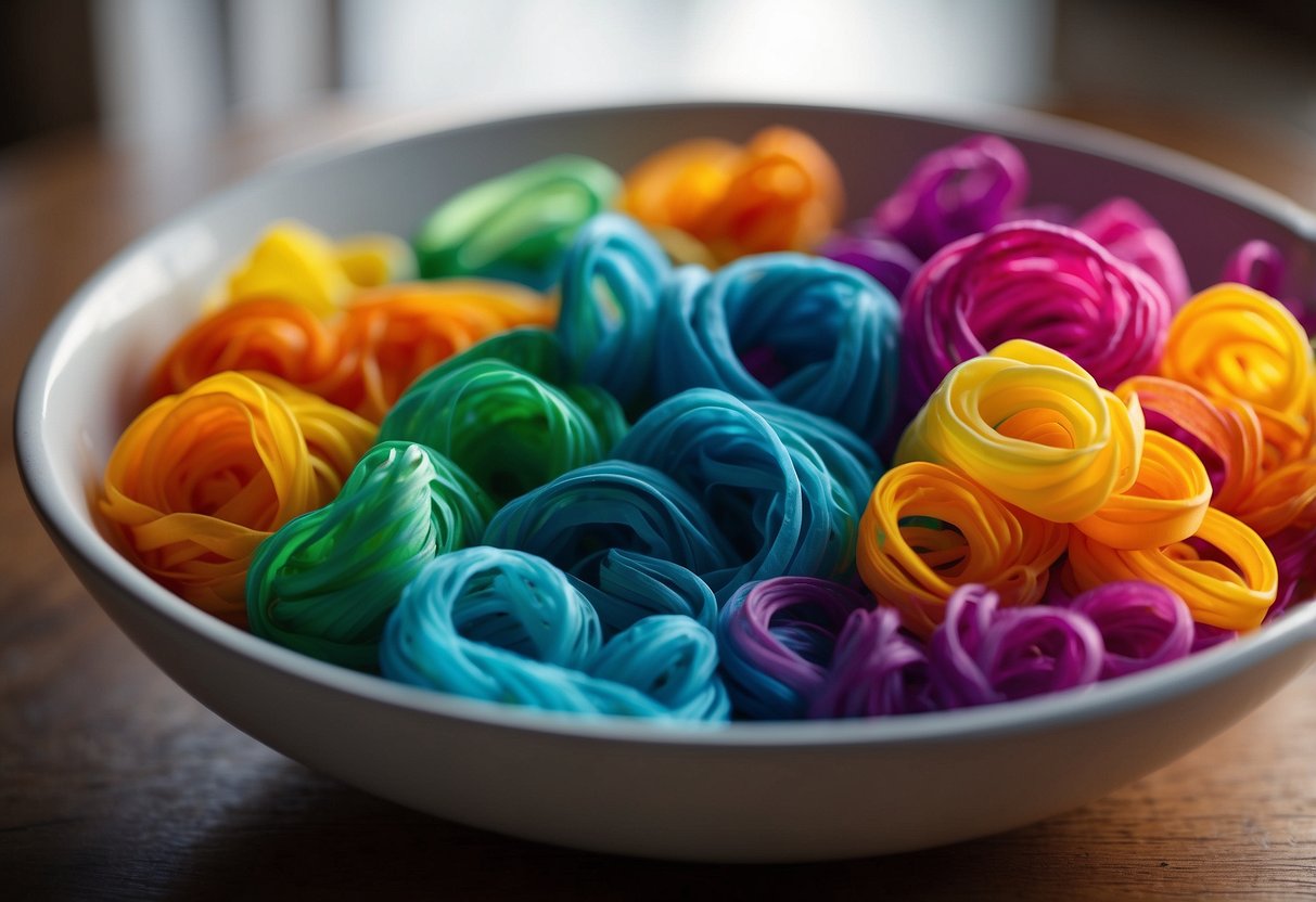 Vibrant dye swirling in water, with white fabric ready for tie-dye. Bowls of colorful dye and rubber bands on a wooden table