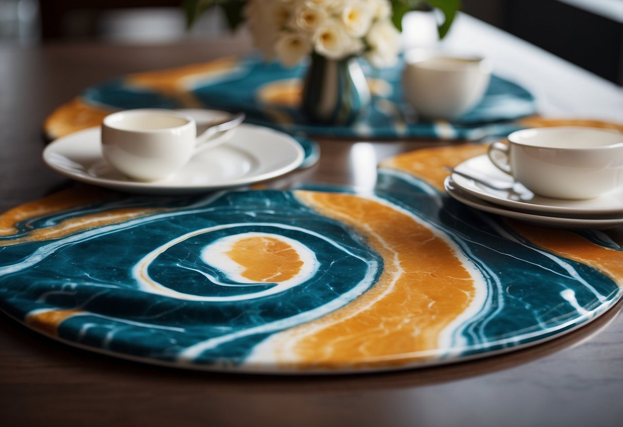 Marble placemats with vibrant dye swirls on a table