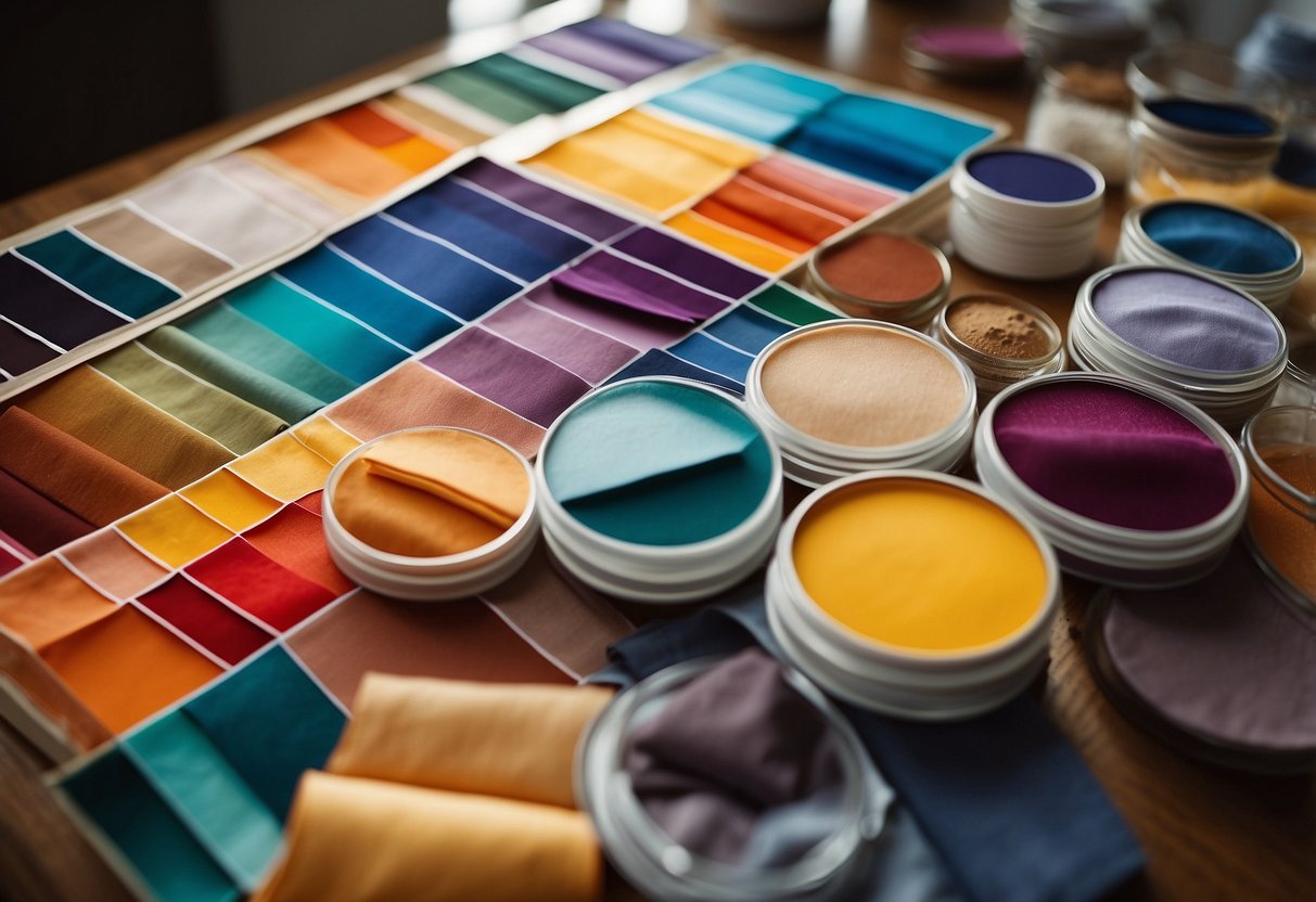 A table with various dye options, color swatches, and fabric samples spread out for selection. Bright natural light illuminates the scene, showcasing the vibrant colors and textures