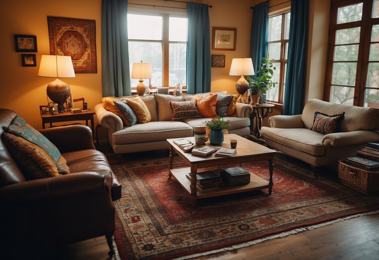 A cozy living room with mismatched vintage furniture, vibrant patterned rugs, and an array of art and decor from around the world